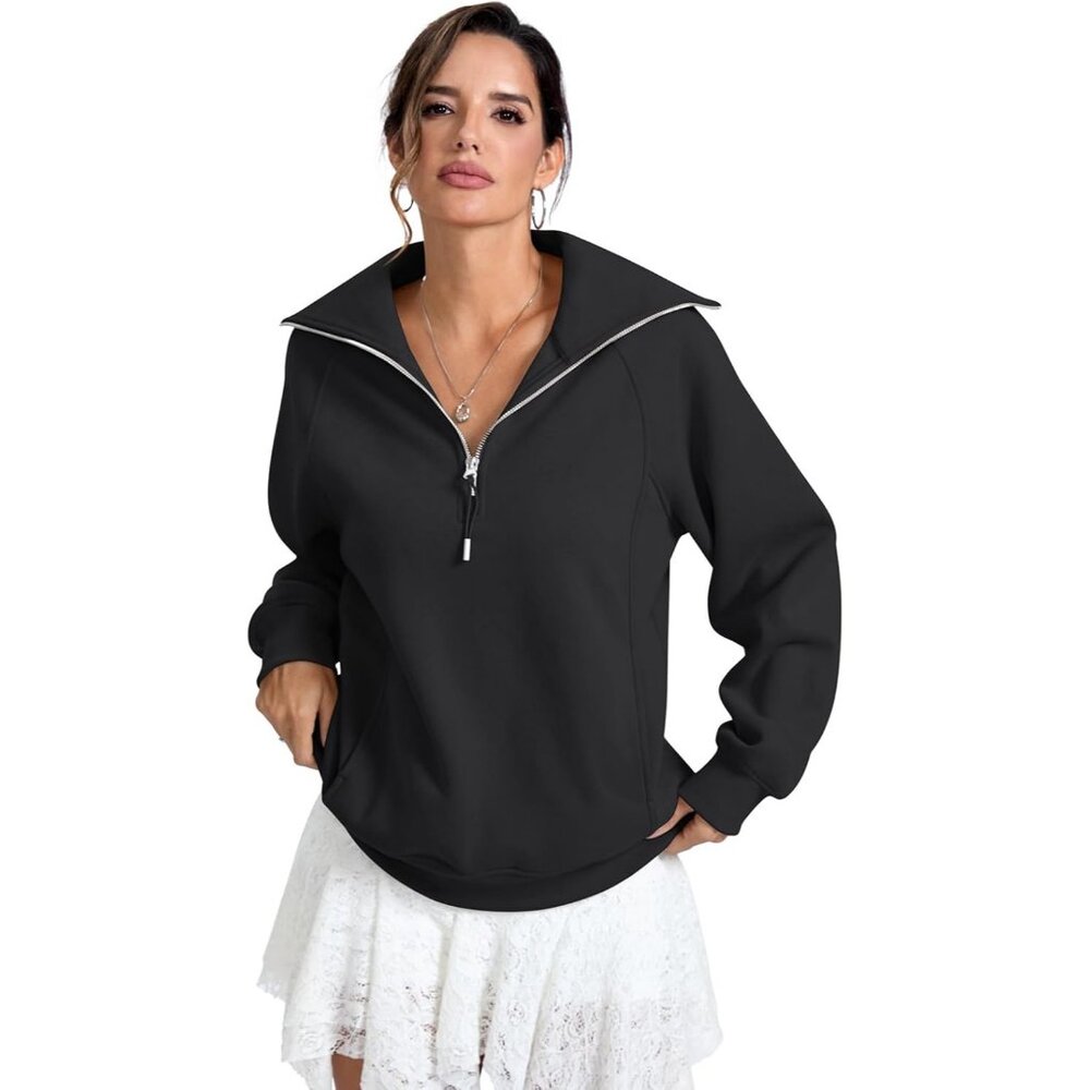 Women's Fleece Lined Zip Pocket Long Sleeve Sweatshirts Hoodies Tops Black - Picture 6 of 7